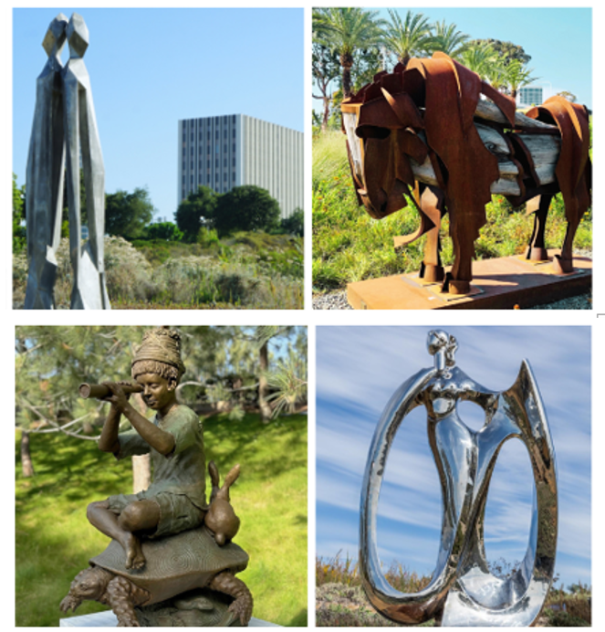 Shiny stainless steel piece with copper on a horse - Piece with a boy and animals surrounding him