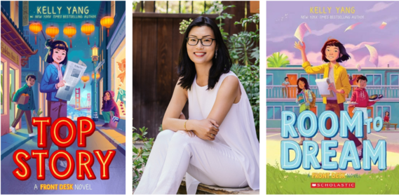 Photo of Author Kelly Yang with two books and front cover displaying young readers surrounding the main character