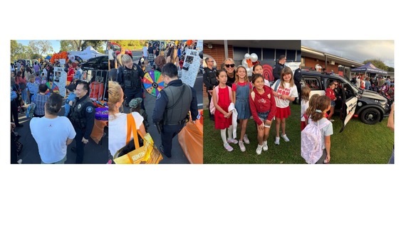 Newport Beach Bluff school event with police department having fun with games, police car and learning about the police deparment