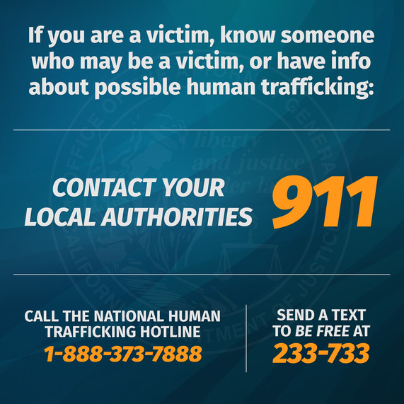 If you are a victim or have info about possible human trafficking, Call the Human Trafficking Hotline 1-888-373-7888, text 233-733