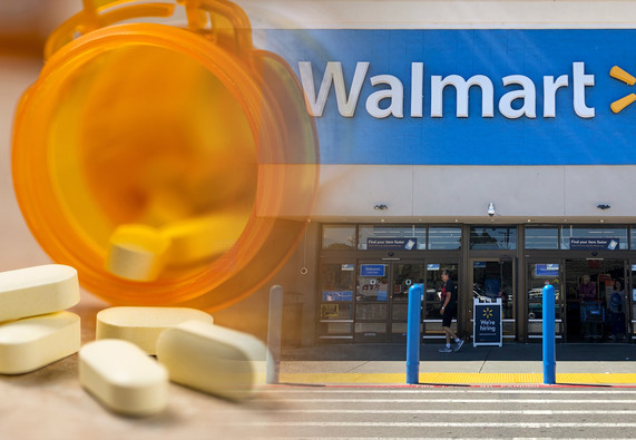 Spilled prescription pill bottle and a Walmart storefront