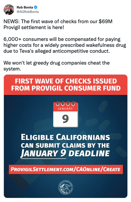 NEWS: The first wave of checks from our $69M Provigil settlement is here! 6,000+ consumers will be compensated for paying higher costs
