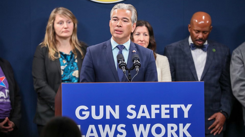 Picture of AG Bonta at press conference - "gun safety laws work"