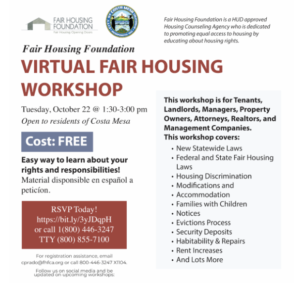 Costa Mesa Online Fair Housing Workshop planned for Tuesday Oct. 22