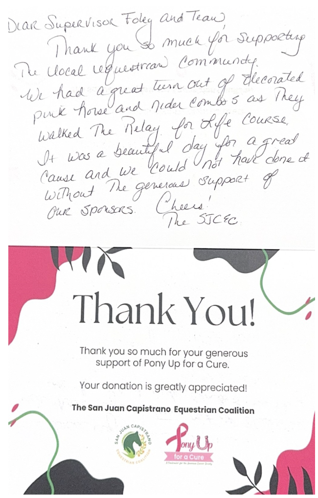 thank you note from Pony Up for a Cure