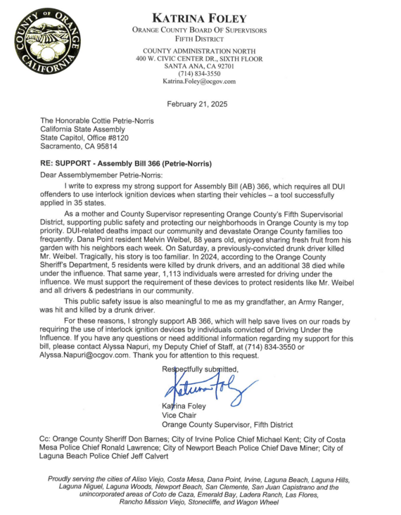 Re: Support for Asm. Cottie Petrie-Norris's AB 366