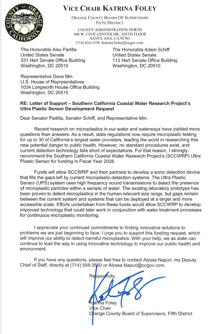 Letter of Support for SoCal Coastal Water Research Project's Ultra Plastic Sensor Development