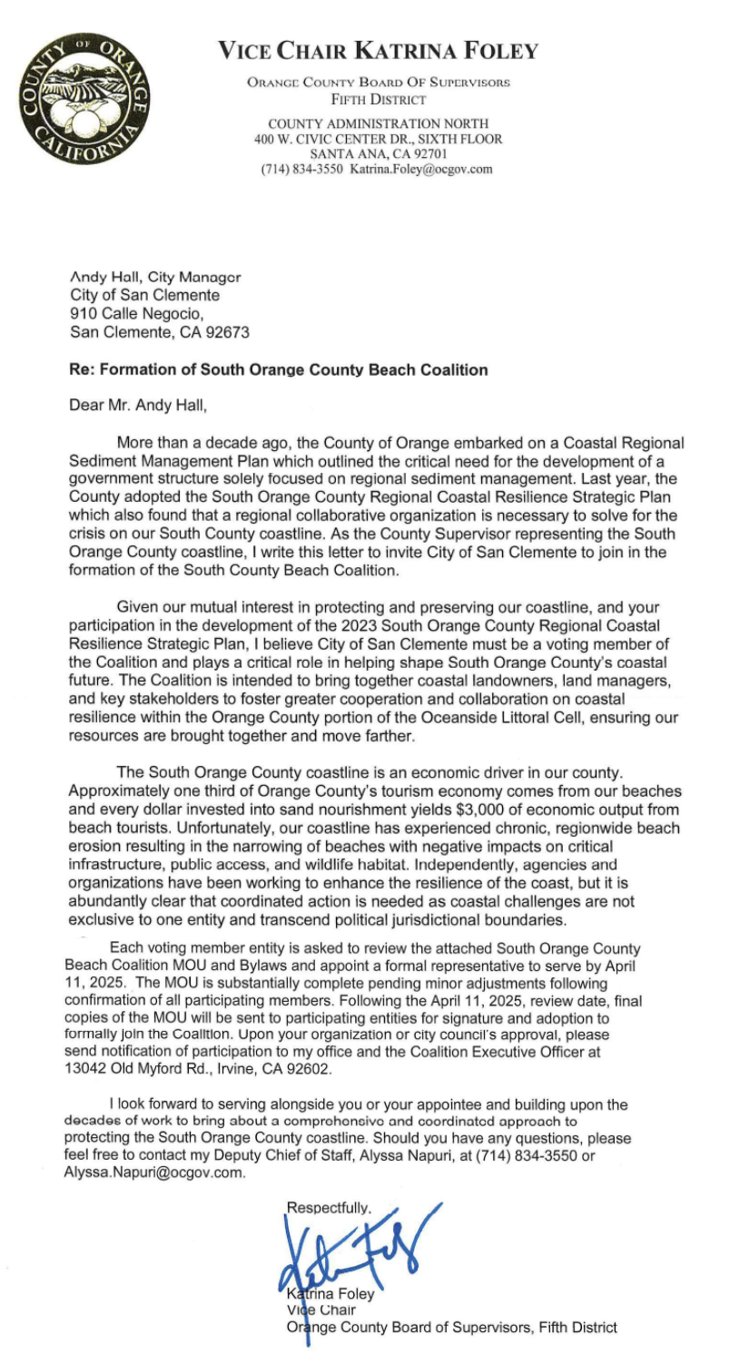 correspondence to San Clemente City Manager Andy Hall about the formation of the South OC Beach Coalition