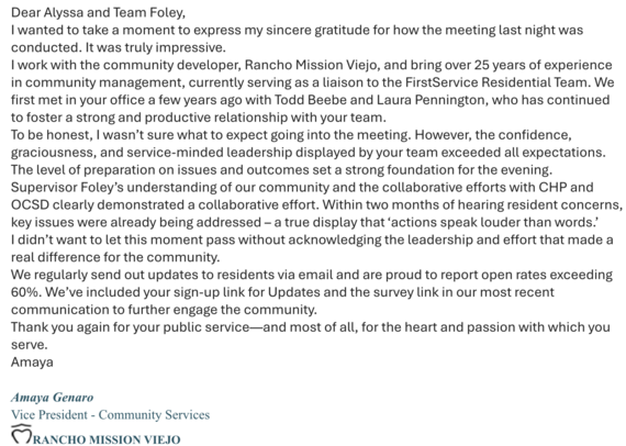 Rancho Mission Viejo Community Services Vice President thanks Supervisor Foley for successful Public Safety Town hall