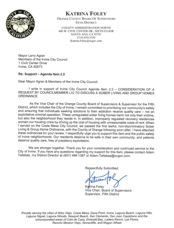 letter in support -- city of irvine