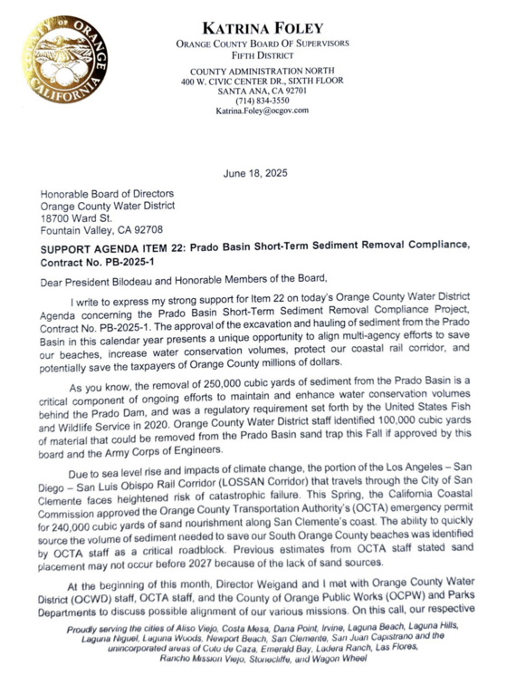 1 SUPPORT AGENDA ITEM 22: Prado Basin Short-Term Sediment Removal Compliance, Contract No. PB-2025-1 