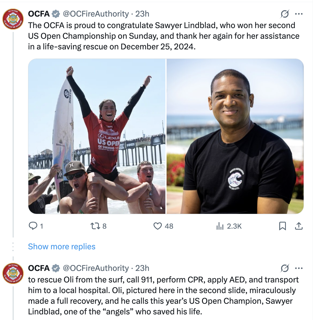 ocfa congratulates surfer on saving man from drowning