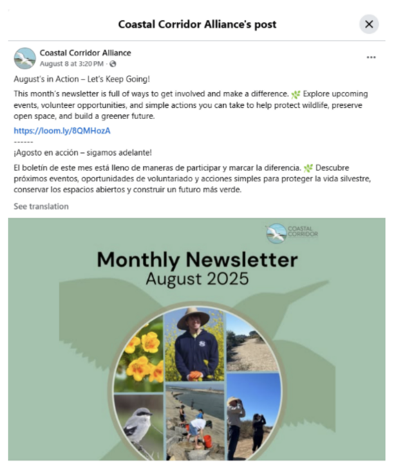 coastal corridor alliance fb post about monthly newsletter