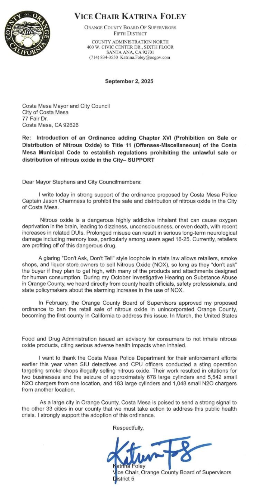 Costa Mesa City Council reading an ordinance to ban the retail sale of nitrous oxide (NOX) within the city