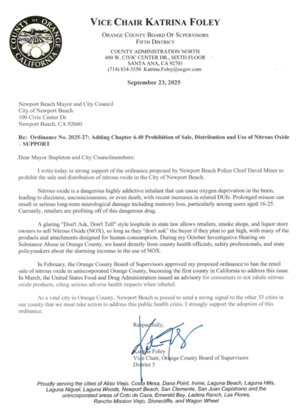 newport beach -- letter of support for banning nox