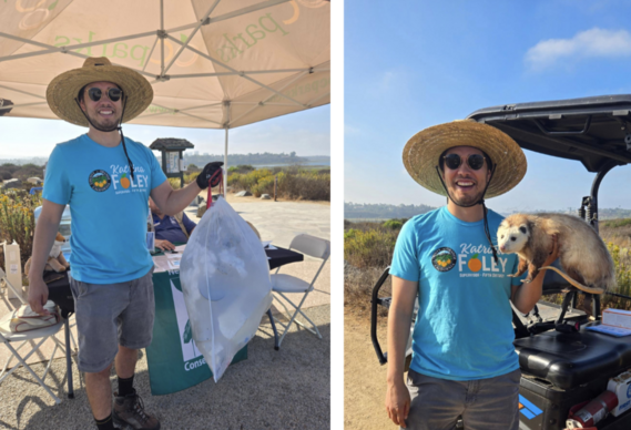 Robbie collected a full bag of trash on Coastal Cleanup Day in Newport Back Bay and held opposum 