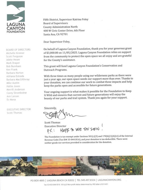 laguna canyon foundation thank you note for support