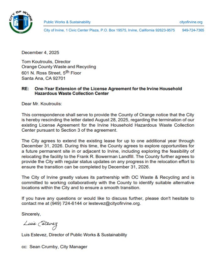 This morning, the City of Irvine and OCWR agreed on a one-year lease extension