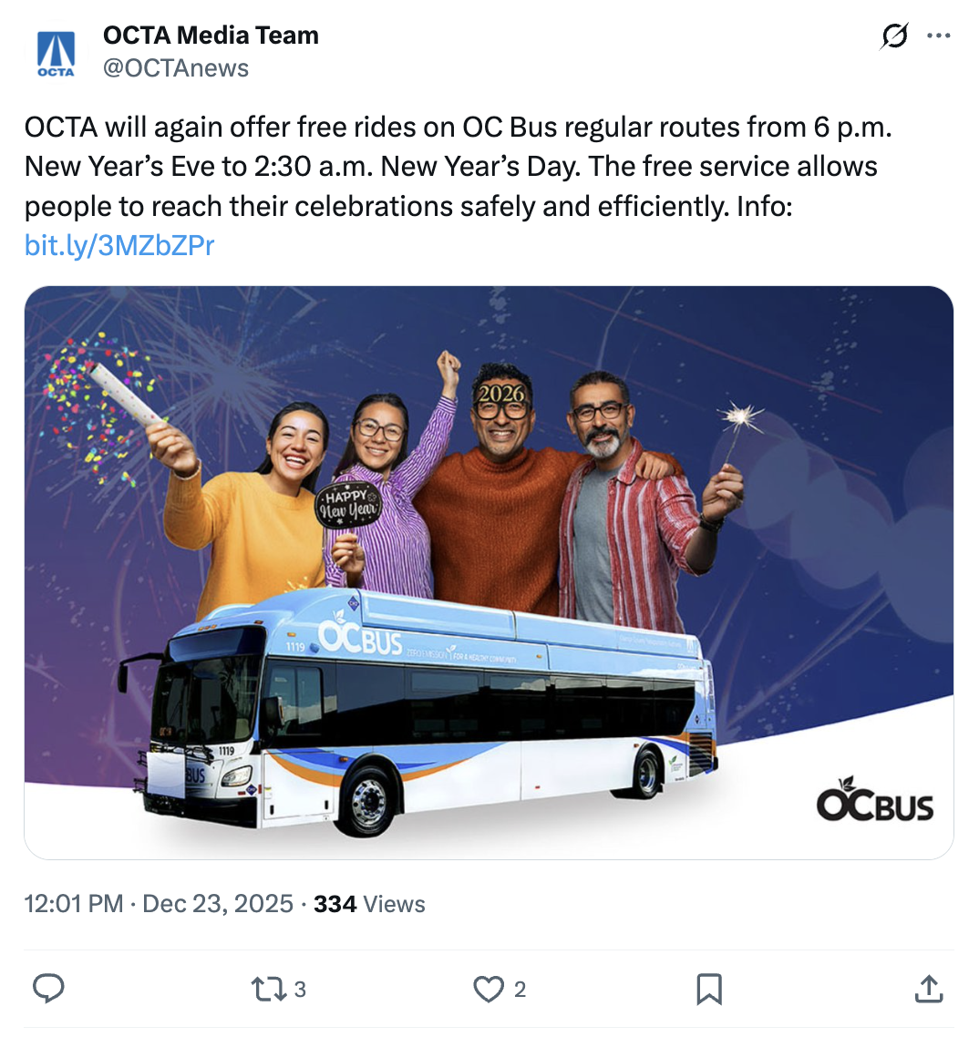OCTA tweet, free rides on NYE