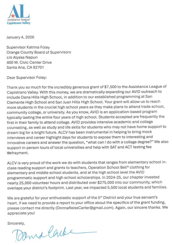 Thank you from Assistance League Capistrano Valley