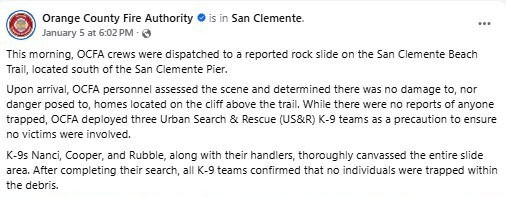 1.9.26 post of thew week: ocfa  rescue dog in san clemente