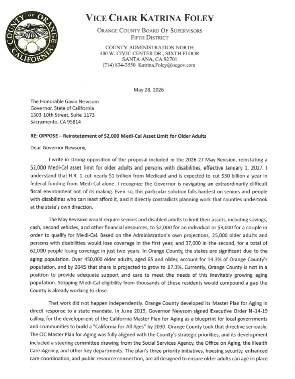 re: oppose reinstatement of $2000 medical asset limit for older adults
