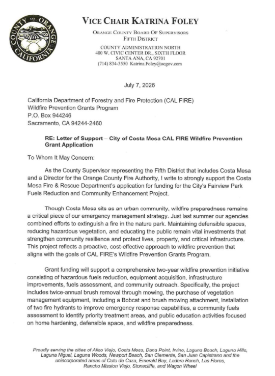 re: letter of support - CAL FIRE Wildfire Prevention Grant App