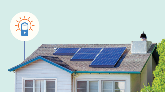 A house with solar panels on the roof and a battery icon overlaid over it