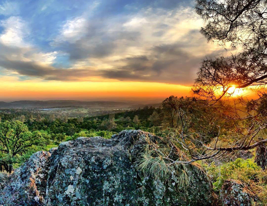 Photo of a sunset overlooking rolling hills, with a large boulder and tree in the foreground. 