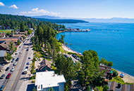 Aerial photograph of Tahoe City downtown street bordering Lake Tahoe
