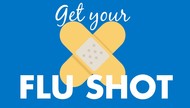 Graphic depicting two crossed band-aids with text reading Get your flu shot
