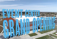 Grand opening letters over a large building