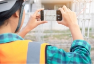 construction worker taking a photo of buildings