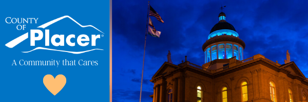 Placer County Cares text next to photo of the Auburn courthouse at night