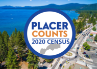 Aerial photograph of North Lake Tahoe shoreline with text reading Placer Counts 2020 Census