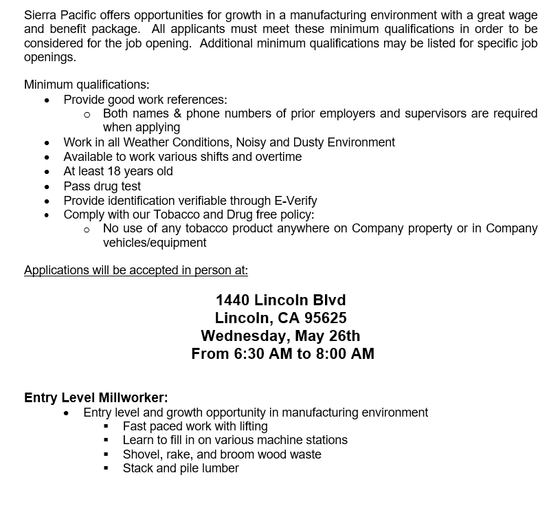 Sierra Pacific Entry Level Millworker