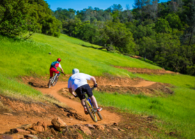 two mountain bikers charge down a singletrack trail in Hidden Falls Regional Park