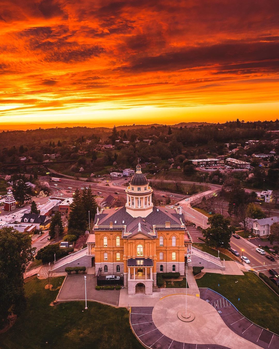 Auburn courthouse with sunset