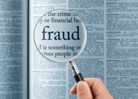 magnifying glass hovering over a dictionary to highlight the word fraud