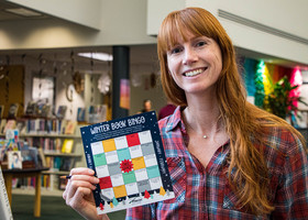 Katie Bauer Huntoon holds a bingo card