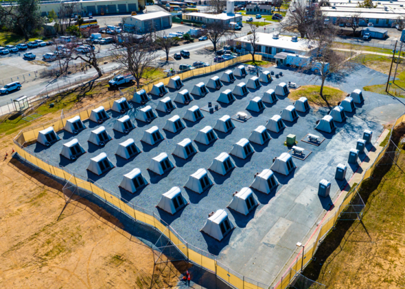 Aerial shot of temporary mobile shelter
