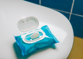 Flushable wipes sitting on bathroom counter