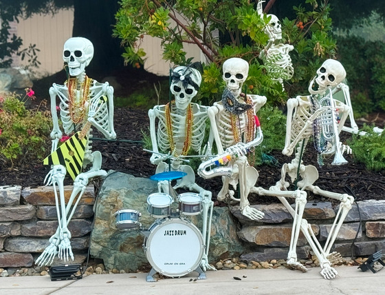 Decorative Placer County skeletons play instruments in a newly formed band