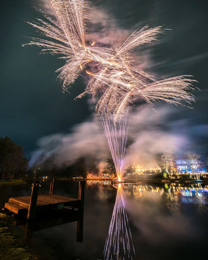 New Year's Eve fireworks over water in Granite Bay