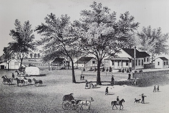 Black and white drawing of the Ahart Farm from 1882