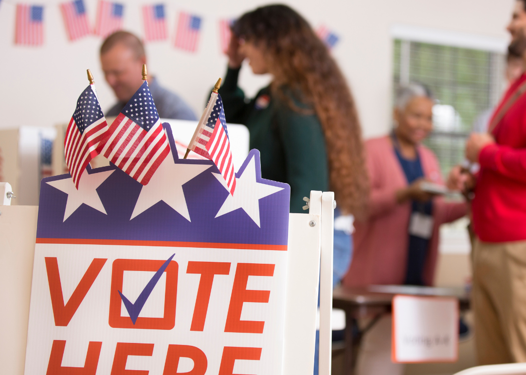 Elections Office sign reading "Vote Here"