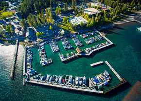 Aerial image of Lake Tahoe and downtown Tahoe City's Boatworks.