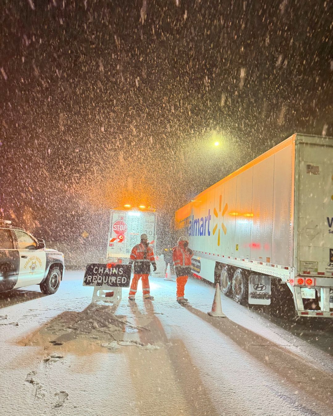 Crews operate a chain control station on Interstate 80