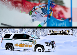 Two images. Top half: Competitive skier skiing downhill. Lower half: Placer County Sheriff's vehicle in the snow