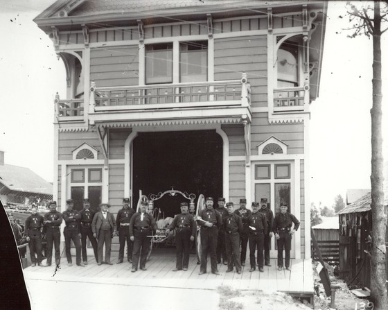 Auburn Hose Company #1 at Firehouse #1 with the rattler hose cart in 1890